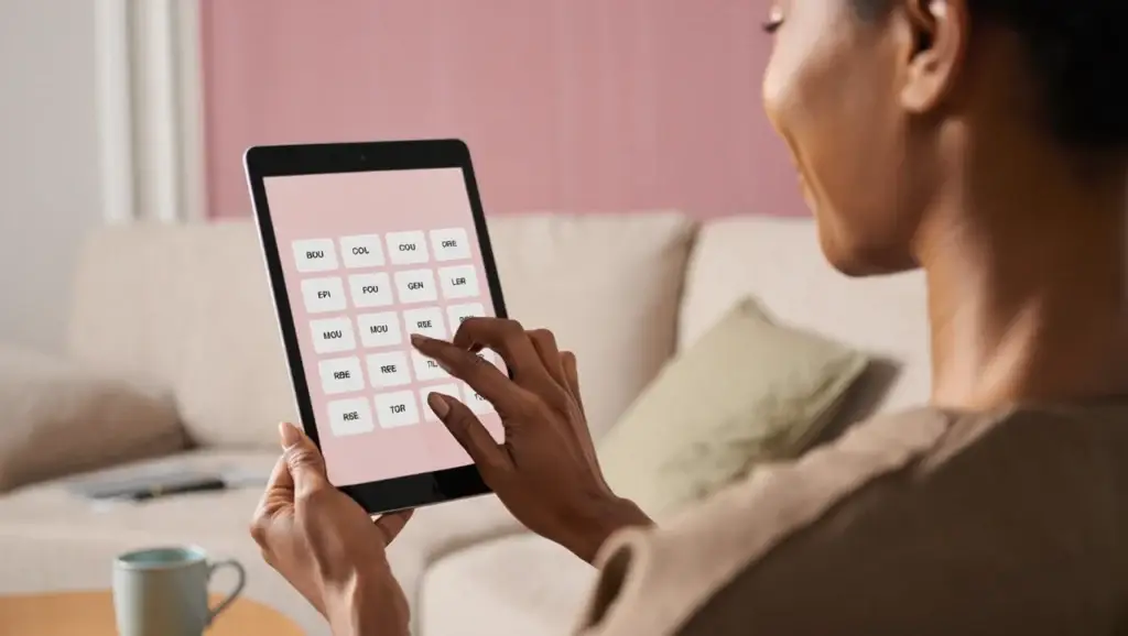 femme qui joue au mots coupés sur sa tablette
