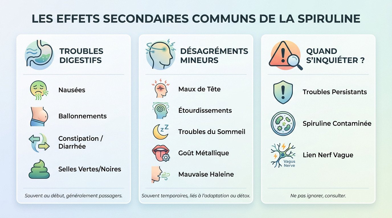 Illustration des effets secondaires courants de la spiruline comme les maux de tête et troubles digestifs