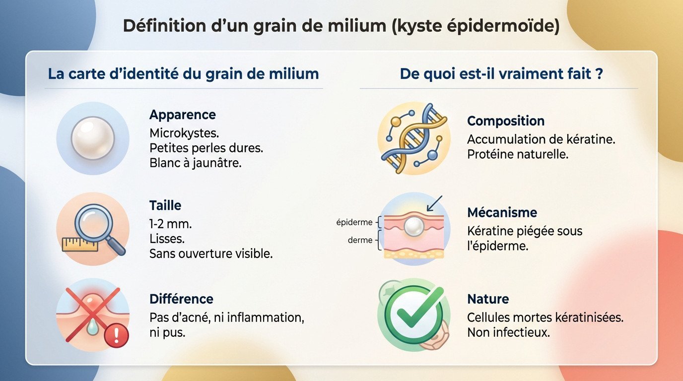 Grain de milium : petit kyste blanc sous l'épiderme rempli de kératine