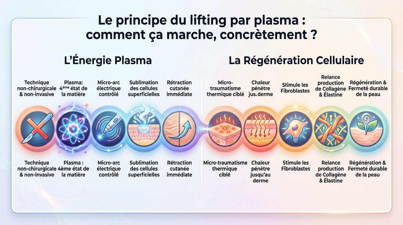 Schéma explicatif du fonctionnement du plasma lift et de la sublimation cutanée