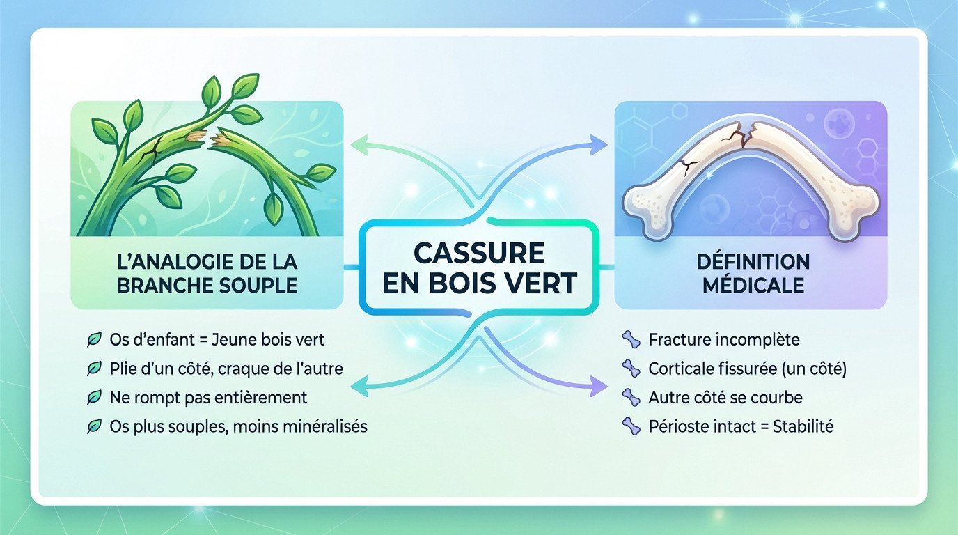 Schéma comparant une fracture en bois vert chez l'enfant à une branche pliée