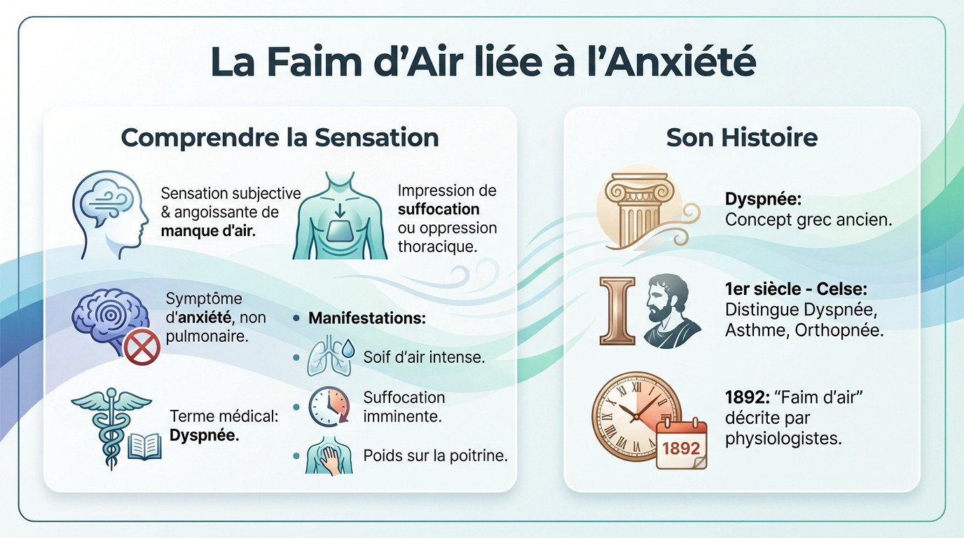 Schéma explicatif des mécanismes de la faim d'air liée à l'anxiété et techniques de respiration