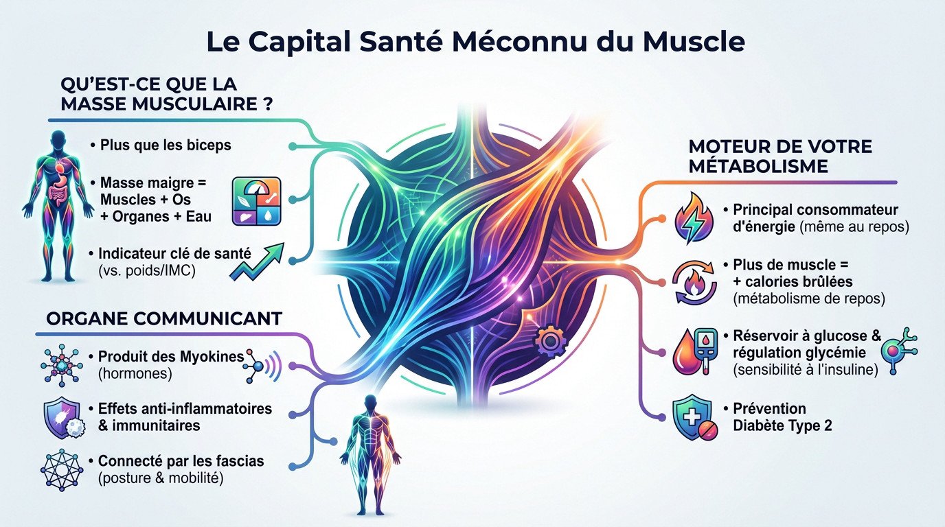 Schéma anatomique illustrant le lien vital entre masse musculaire et santé globale