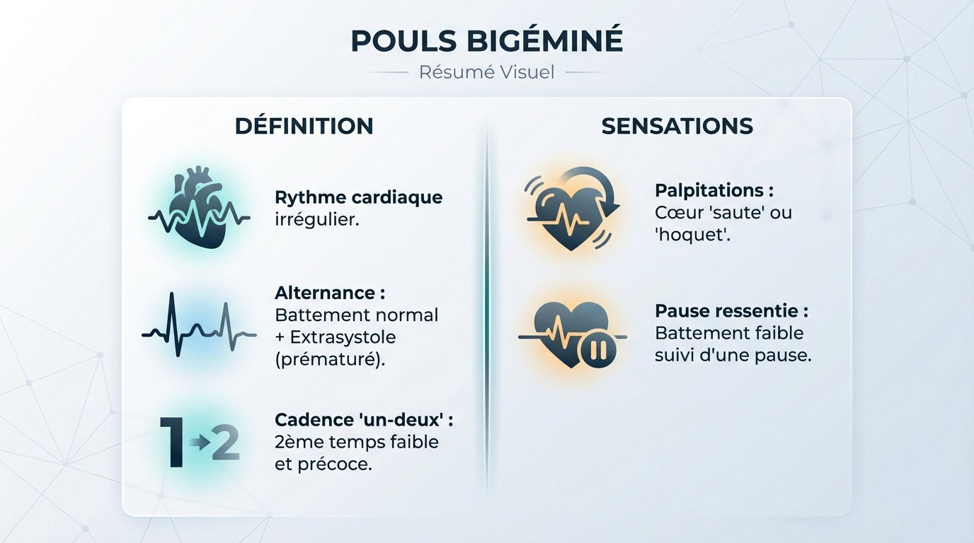 Schéma explicatif du rythme cardiaque en bigéminisme avec alternance de battements normaux et extrasystoles