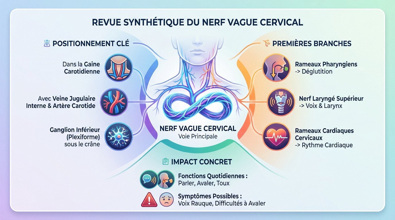 Schéma anatomique illustrant le trajet du nerf vague cervical et ses ganglions dans le cou