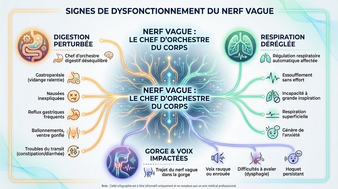 Illustration des symptômes digestifs et respiratoires liés au nerf vague